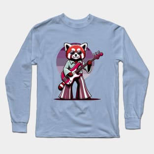 Groovy 70s Bass-Playing Red panda - Colorful Cartoon Vector Art Long Sleeve T-Shirt